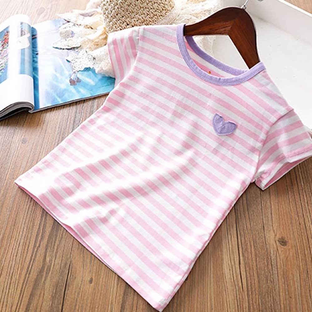 Little Girls Striped Crewneck Heart Tees Pink